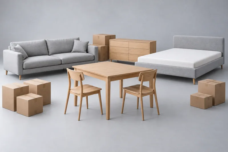 En säng, soffa, bord, stolar, byrå och kartonger – illustrativt exempel